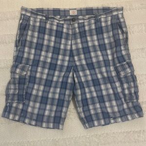 Dockers plaid cargo shorts 100% cotton flat front casual blue white mens size 38